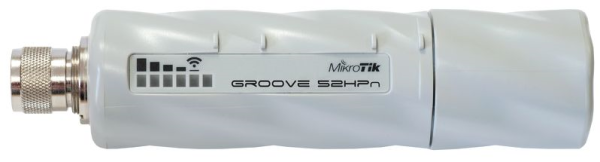 MikroTik Groove 52 with N-male connector, High Gain Single Chain 2.4GHz / 5GHz 802.11abgn wireless, 600MHz CPU, 64MB RAM, 1x LAN, mounting loops, POE, PSU, plastic case, RouterOS L3