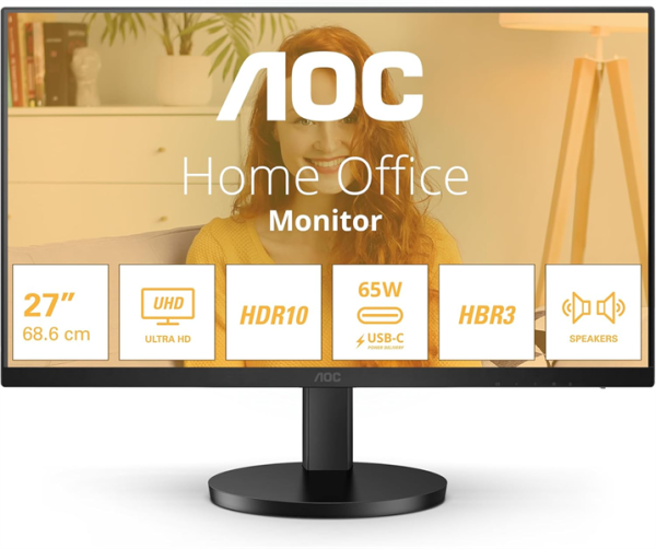 27" AOC 3840x2160 WLED 16:9 IPS 350cd, 1000:1, 20M:1, 4ms, 178°/178°, 2xHDMI, USB hub: 2*USB3.2, USB-C(65W), 60Hz, Speakers, Tilt, Height, VESA, Internal, Black, 3y