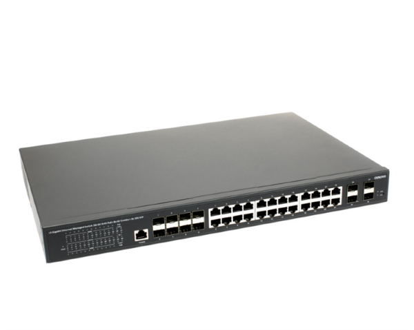 OSNOVO SW-32G4X-3L Управляемый L3 PoE коммутатор Gigabit Ethernet на 16xGE RJ-45 c PoE + 8xGE Combo (RJ-45 + SFP) + 4x1G/10G SFP+ Uplink. Порты: 16 x GE (10/100/1000 Base-T) с поддержкой PoE (IEEE 802