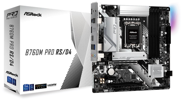 Фото ASROCK B760M PRO RS, LGA1700, B760, 4*DDR5, 4*SATA, 3*M.2, 3*USB 3.2, 2*USB 2.0, Type-C, 2*PCIx16, 1xM.2 (Key E), HDMI+DP, mATX
