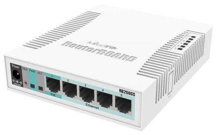 Фото MikroTik RB260GS with 5 Gigabit ports and SFP cage, SwOS, plastic case, PSU