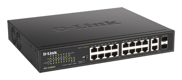 Фото D-Link Unmanaged Switch 16x100Base-TX PoE, 2xCombo 1000Base-T/SFP, PoE Budget 247W, Long-range PoE up to 250m, metal case