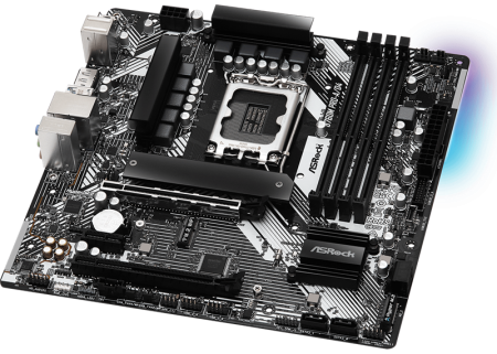 Фото ASROCK B760M PRO-A/D4, LGA1700, B760, 4*DDR4, 4*SATA, 2*M.2, 3*USB 3.2, 2*USB 2.0, Type-C, 2*PCIx16, 1*PCIx1, 1*M.2 (Key E), HDMI+DP, mATX