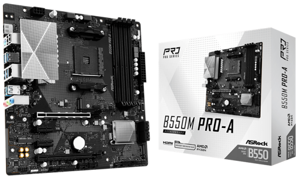 ASROCK B550M PRO-A, AM4, B550, 4*DDR4, 4*SATA, 2*M.2, 5*USB 3.2, 2*USB 2.0, Type-C, 6*PCIx16, 1*PCIx1, 1xM.2 (Key E), HDMI, mATX