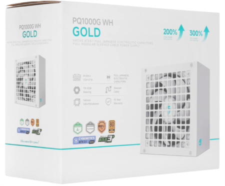 Фото Deepcool GAMERSTORM PQ1000G WH (ATX 3.1, 1000W, Full Cable Management, 120mm fan, 80+ GOLD, Active PFC + Half Bridge + DC/DC, Full Japanese Capasitors, Gen5 PCIe, белый) RET (R-PQA00G-FD0W-WGEU-V1)