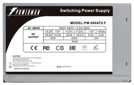 Фото Powerman Power Supply 500W PM-500ATX-F (carton box) (12cm fan)