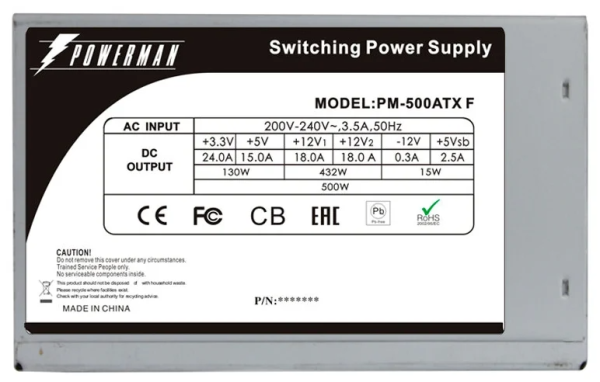 Фото Powerman Power Supply 500W PM-500ATX-F (carton box) (12cm fan)