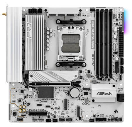Фото ASROCK B850M PRO RS WIFI WHITE, AM5, B850, 4*DDR5, 4*SATA, 3*M.2, 4*USB 2.0, 3*USB 3.2, Type-C, 2*PCIx16, 1*M.2 (Key E), HDMI+DP, mATX