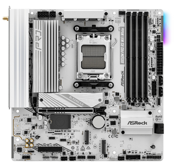 Фото ASROCK B850M PRO RS WIFI WHITE, AM5, B850, 4*DDR5, 4*SATA, 3*M.2, 4*USB 2.0, 3*USB 3.2, Type-C, 2*PCIx16, 1*M.2 (Key E), HDMI+DP, mATX