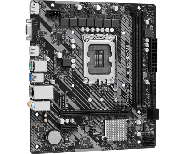 Фото ASROCK H610M-HDV/M.2 R2.0, LGA1700, H610, 2*DDR4, 4*SATA, 1*M.2, 2*USB 3.2, 4*USB 2.0, 1*PCIx16, 1*PCIx1, D-Sub+HDMI+DP, mATX