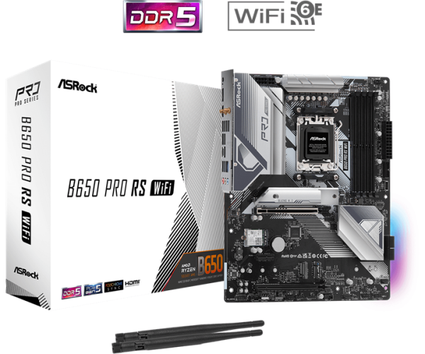ASROCK B650 PRO RS WIFI, AM5, B650, 4*DDR5, 4*SATA, 3*M.2, 3*USB 3.2, 6*USB 2.0, Type-C, 2*PCIx16, 1*PCIx1, 1*M.2 (Key E), HDMI+DP, ATX