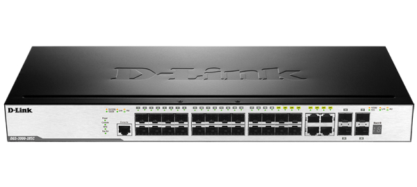 Фото D-Link PROJ Управляемый L2 стекируемый коммутатор, 20x1000Base-X SFP, 4x10GBase-X SFP+, 4xCombo 1000Base-T/SFP, защита от статического электричества до 6 кВ, CLI, консольный порт RJ-45, RPS