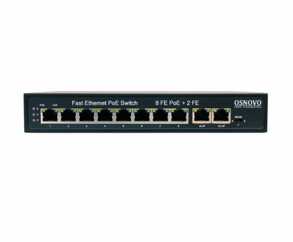 Фото OSNOVO SW-21000(120W) PoE коммутатор Fast Ethernet на 10 RJ45 портов. Порты: 1 x FE (10/100Base-T) с PoE (до 60W, A+B) + 7 x FE (10/100Base-T) с PoE (до 30W), 2 x FE (10/100 Base-T). Соответствует ста