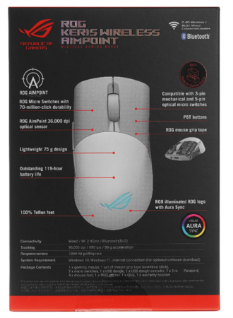 Фото ASUS ROG KERIS WIRELESS AIMPOINT, 75g, 2.4GHz RF, Bluetooth 5.1, 36K DPI sensor, 5 Programmable Button, White