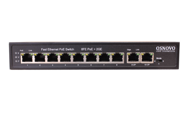 Фото OSNOVO SW-20820(120W) PoE коммутатор Fast Ethernet на 10 RJ45 портов. Порты: 1 x FE (10/100Base-T) с PoE (до 60W, A+B) + 7 x FE (10/100Base-T) с PoE (до 30W), 2 x GE (10/100/1000 Base-T). Соответствуе