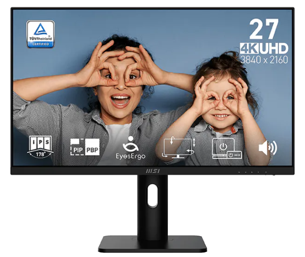 MSI PRO MP273UP E6 27" 16:9 UHD(3840x2160) IPS Flat,1ms(MPRT),1000:1,100M:1,300nit,178/178,2xHDMI 2.0,DP 1.4,Speaker,Tilt,Swivel,Height,Pivot,VESA,60Hz,Black,1y war-ty