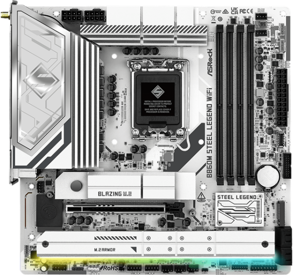 Фото ASROCK B860M STEEL LEGEND WIFI, LGA1851, B860, 4*DDR5, 4*SATA, 4*M.2, 4*USB 3.2, 2*USB 2.0, Type-C, 2*PCIx16, 1*M.2 (Key E), HDMI+DP, mATX
