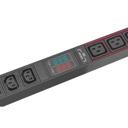 Фото Блок розеток HIDEN однофазный вертикальный, 24 розетки С13, 6 розеток С19, 32A, авт. выкл. (2x16А), амперметр/вольтметр (2шт), кабель питания 3м (3х4мм2) с вилкой IEC 60309