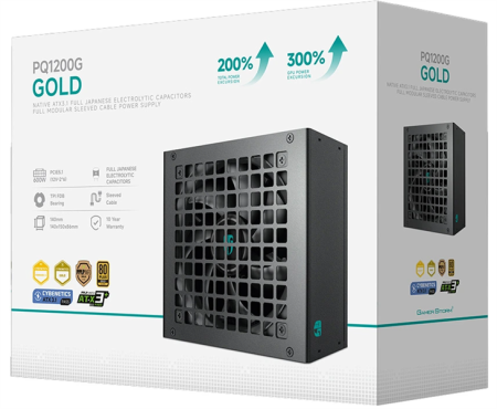 Фото Deepcool GAMERSTORM PQ1200G (ATX 3.1, 1200W, Full Cable Management, PWM 120mm fan, 80+ GOLD, Active PFC + Half Bridge + DC/DC, Full Japanese Capasitors, Gen5 PCIe) RET (R-PQC00G-FD0B-WGEU-V1)