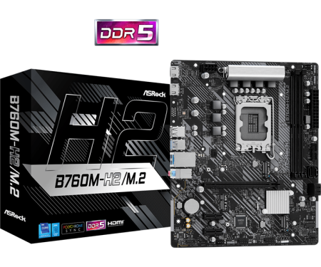 Фото ASROCK B760M-H2/M.2 LGA1700, B760, 2*DDR5, 4*SATA, 2*M.2, 4*USB 3.2, 2*USB 2.0, 1*PCIx16, 2*PCIx1, 1*M.2 (Key E), 2*HDMI, mATX