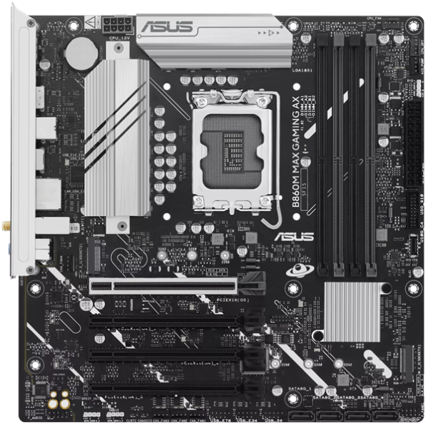 ASUS B860M MAX GAMING AX, LGA1851, B860, 4*DDR5, 4*SATA, 3*M.2, 4*USB 3.2, 4*USB 2.0, Type-C, 2*PCIx16, DP, mATX; 90MB1JZ0-M0EAY0