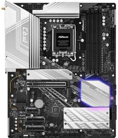 Фото ASROCK Z890 PRO RS WIFI, LGA1851, Z890, 4*DDR5, 4*SATA, 4*M.2, 3*USB 3.2, 4*USB 2.0, 2*Type-C, 1*PCIx16, 2*PCIx4, 1*M.2 (Key E), HDMI+DP, ATX