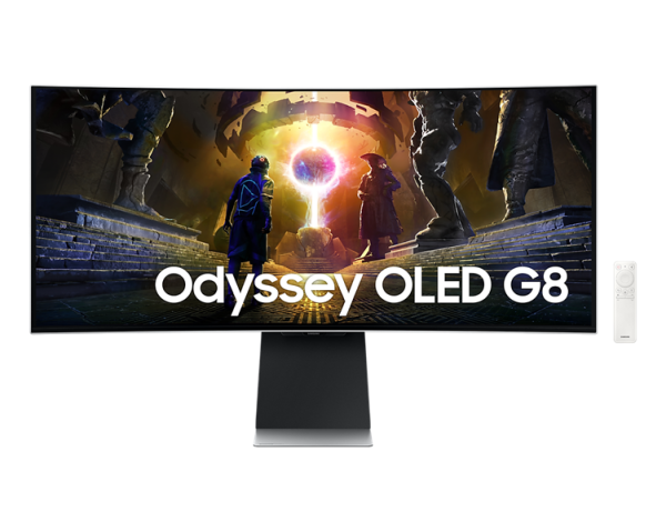 Samsung 34" Odyssey OLED G8 G85SD S34DG852SI Curved OLED 21:9 3440x1440x175Hz 0,03ms 1M:1 250cd 1,07B 178/178 DP; HDMIx2 USB3.0x2 Smart TV Spk 10вт Tilt HAS Pivot БП внешн VESA Silver