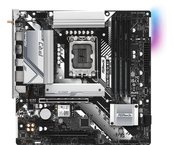 Фото ASROCK B760M PRO RS/D4 WIFI, LGA1700, B760, 4*DDR4, 4*SATA, 2*M.2, 3*USB 3.2, 2*USB 2.0, Type-C, 2*PCIx16, 1*PCIx1, 1*M.2 (Key E), HDMI+DP, mATX