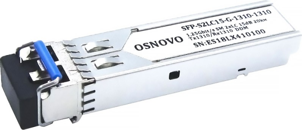 OSNOVO SFP-S2LC15-G-1310-1310 Оптический SFP Модуль. Два волокна Single Mode. Скорость: до 1,25 Гбит/c. Тип разъема: 2xLC. Оптический бюджет: 15дБ. Расстояние передачи - до 20км. Рабочая длина волны,н