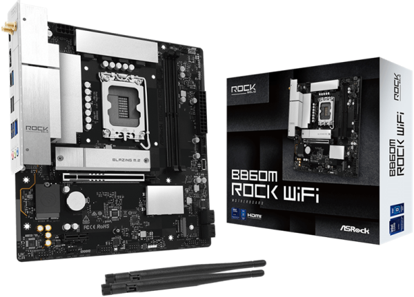 ASROCK B860M Rock WiF, LGA1851, B860, 4*DDR5, 4*SATA, 4*M.2, 4*USB 3.2, 3*USB 2.0, Type-C, 2*PCIx16, 1*M.2 (Key E), HDMI, mATX