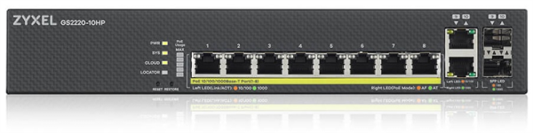 Фото L2 PoE+ Zyxel NebulaFlex Pro GS2220-10HP, rack 19", 8xGE PoE+, 2xCombo (SFP/RJ-45), бюджет PoE 180 Вт