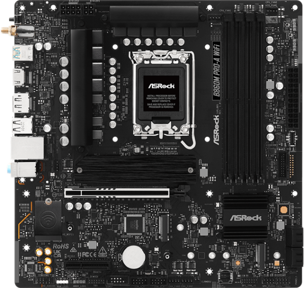 Фото ASROCK B860M PRO-A WIFI, LGA1851, B860, 4*DDR5, 4*SATA, 4*M.2, 6*USB 3.2, 2*USB 2.0, Type-C, 2*PCIx16, 1*M.2 (Key E), HDMI+DP, mATX
