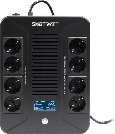 Фото SMARTWATT ИБП линейно-интерактивный, мощность 600/360 ВА/Вт, напольный/настенный, LCD дисплей, Shuko CEE7/4 - 8 шт. (4 шт. с резервным питанием, 4 шт. - сетевой фильтр), встроенные АКБ (3703020280001)