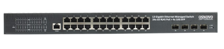 Фото OSNOVO SW-24G4X-1L Управляемый L3 PoE коммутатор на 24xGE RJ-45 c PoE + 4х10G SFP+ порта. Порты: 2 x GE (10/100/1000 Base-T) с PoE (до 90W, A+B) + 22 x GE (10/100/1000 Base-T) с PoE (до 30W), 4 x 1G/