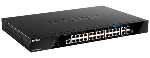 Фото D-Link PROJ Управляемый L3 стекируемый PoE-коммутатор, 20x1000Base-T PoE, 4x2.5GBase-T PoE, 2x10GBase-T, 2x10GBase-X SFP+, PoE-бюджет 370 Вт (740 Вт с DPS-700), CLI, консольный порт RJ-45, RPS