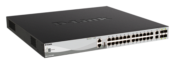 Фото D-Link PROJ Управляемый L3 стекируемый PoE-коммутатор, 24x1000Base-T PoE, 2x10GBase-T, 4x10GBase-X SFP+, PoE-бюджет 370 Вт (740 Вт с DPS-700), защита от статического электричества до