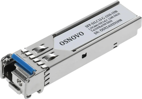 OSNOVO SFP-S1LC13-G-1310-1550 Оптический SFP Модуль. Одно волокно Single Mode. Скорость: до 1,25 Гбит/c. Тип разъема: LC. Оптический бюджет: 13дБ. Расстояние передачи - до 20км. Рабочая длина волны,нм