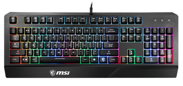 Gaming Keyboard MSI VIGOR GK20, Wired, membrane Keyboard with ergonomic keycaps and wrist rest. 12 Key Anti-ghosting Capability. Water Resistant (spill-proof), Static multi-colour backlighting, Black