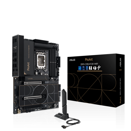 Фото ASUS PROART Z890-CREATOR WIFI, LGA1851, Z890, 4*DDR5, 4*SATA, 5*M.2, 6*USB 3.2, 1*USB 2.0, Type-C, 3*PCIx16, DP+HDMI, ATX; 90MB1JD0-M0EAY0