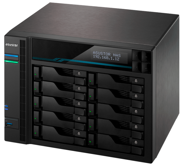Фото ASUSTOR AS7110T 10-Bay NAS/Media player/Intel Xeon E-2224 3.4GHz up to 4.6GHz(Quad-Core), 8GB SO-DIMM DDR4, noHDD(HDD,SSD),/10x1GbE+3x2,5Gbe(LAN)/3xUSB3.2,HDMI/M.2/4ip camera license
