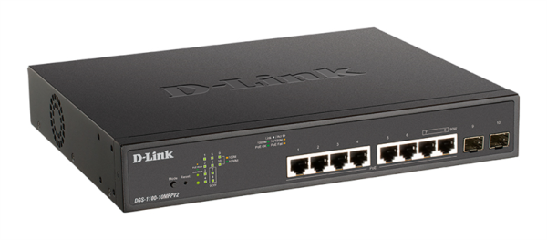Фото D-Link Настраиваемый L2 PoE-коммутатор, 8х1000Base-T PoE (2 порта 802.3bt 90 Вт), 2x1000Base-X SFP, PoE-бюджет 242 Вт