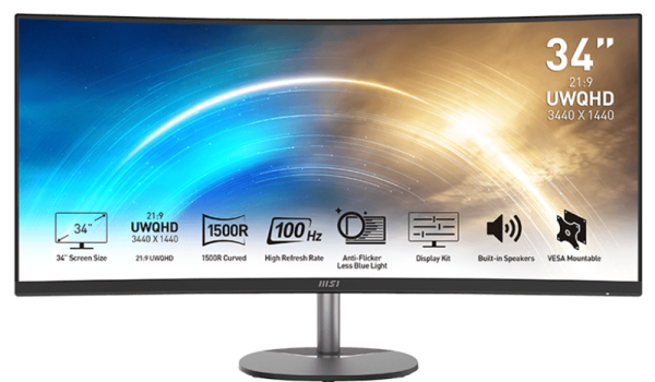 MSI PRO MP341CQ 34" 21:9 UWQHD(3440x1440) VA Curve1500R, 1ms(MPRT), 3000:1,100M:1,300nit,178/178,2xHDMI 2.0,DP 1.2,Tilt,Speaker,VESA,100Hz,Black,1y w-ty