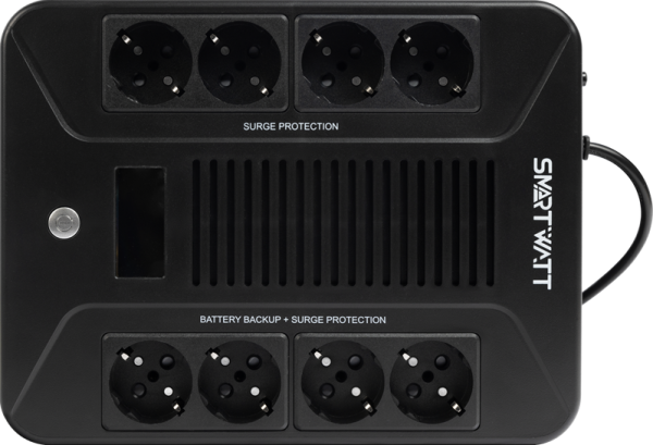 Фото SMARTWATT ИБП линейно-интерактивный, мощность 600/360 ВА/Вт, напольный/настенный, LCD дисплей, Shuko CEE7/4 - 8 шт. (4 шт. с резервным питанием, 4 шт. - сетевой фильтр), встроенные АКБ (3703020280001)