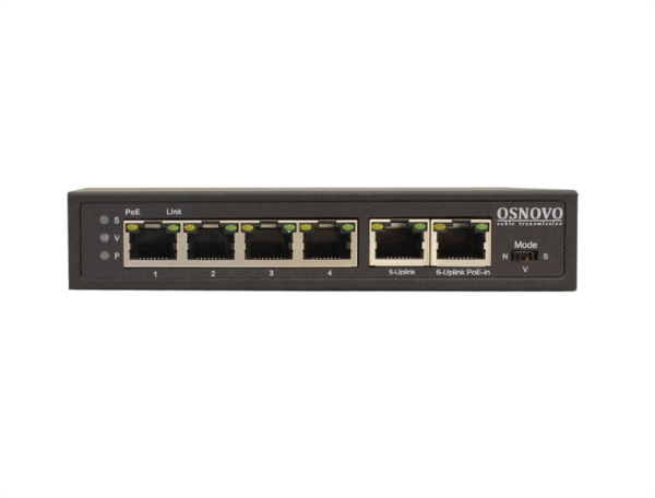 Фото OSNOVO SW-20600/D PoE Коммутатор/ удлинитель Fast Ethernet на 6 портов с питанием по PoE. Порты: 4 х FE (10/100 Base-T) с поддержкой PoE, 1 x FE (10/100 Base-T) Uplink с поддержкой питания по PoE (до